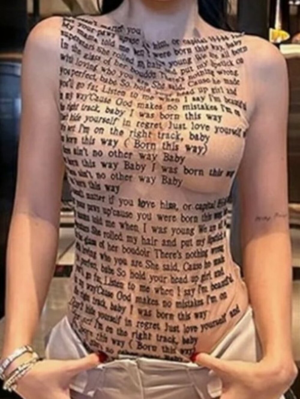 Lady Gaga Born This Way Lyrics Shirt Sheer Transparent Nude Mesh Tank